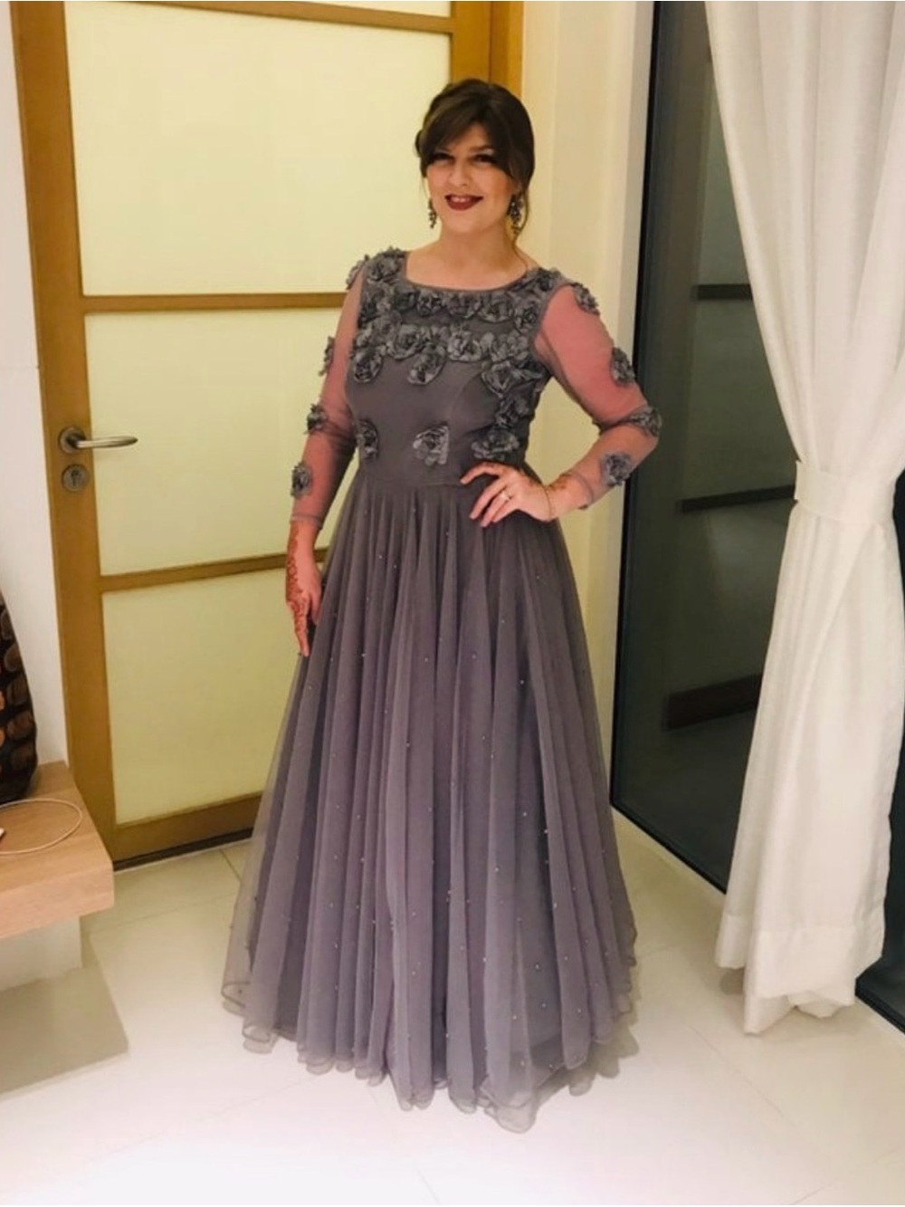 Elegant Gray Embellished Long Sleeve Evening Dress